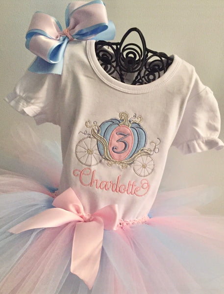 Personalized Embroidered Princess Carriage Birthday Shirt and Tutu Pink, Blue and Silver