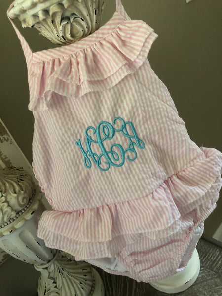 Seersucker Monogrammed Baby Toddler Swimsuit Pink and White