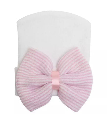 White w/Pink and White Stripe Bow Infant Cap