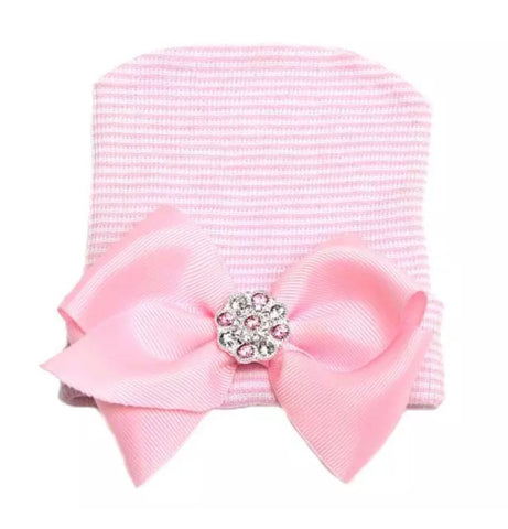Pink/White Stripe Infant Cap with Bow