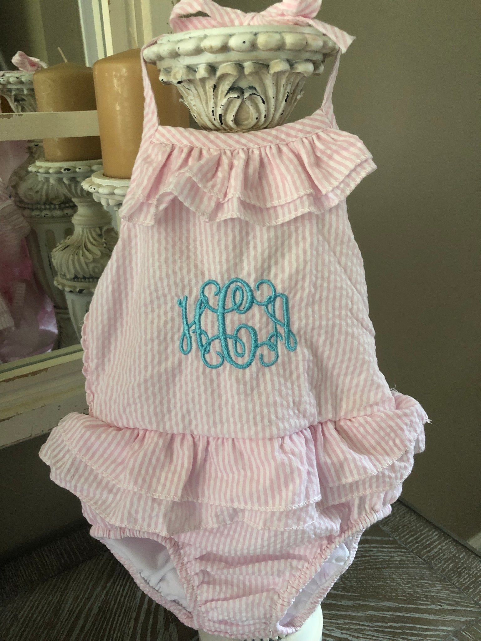 Seersucker Monogrammed Baby Toddler Swimsuit Pink and White