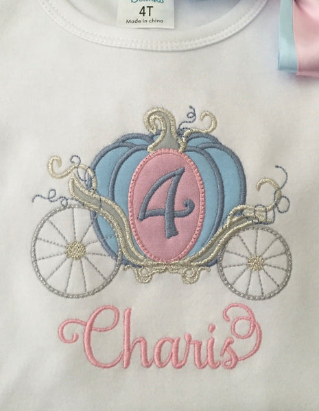 Personalized Embroidered Princess Carriage Birthday Shirt and Tutu Pink, Blue and Silver