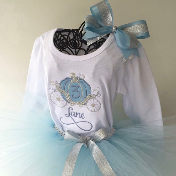 Personalized Princess Carriage Birthday Shirt and Tutu Blue and Silver