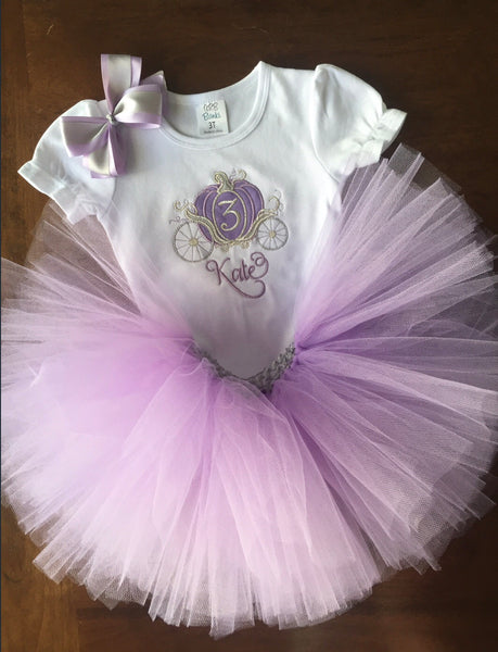 Personalized Princess Carriage Birthday Shirt and Tutu Lavender and Silver